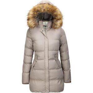 Women's Khaki Winter Puffer Coat Warm Jacket With Removable Hood